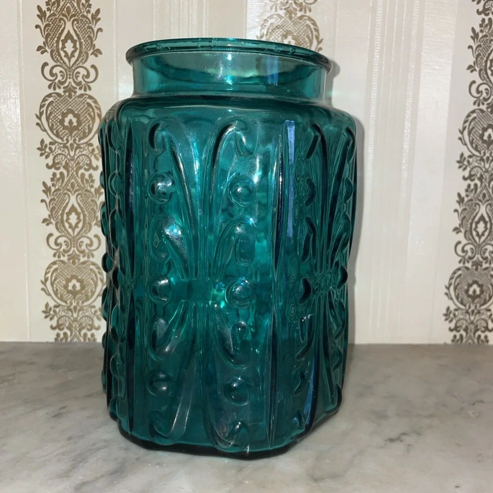 Vintage‎ LE Smith Imperial Atterbury Scroll Canister Jar Teal Glass Apothecary